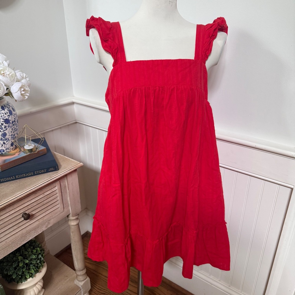 Newbury Kustom Red‎ Ruffle Strap Babydoll Mini Dress Medium Square Neck Cotton